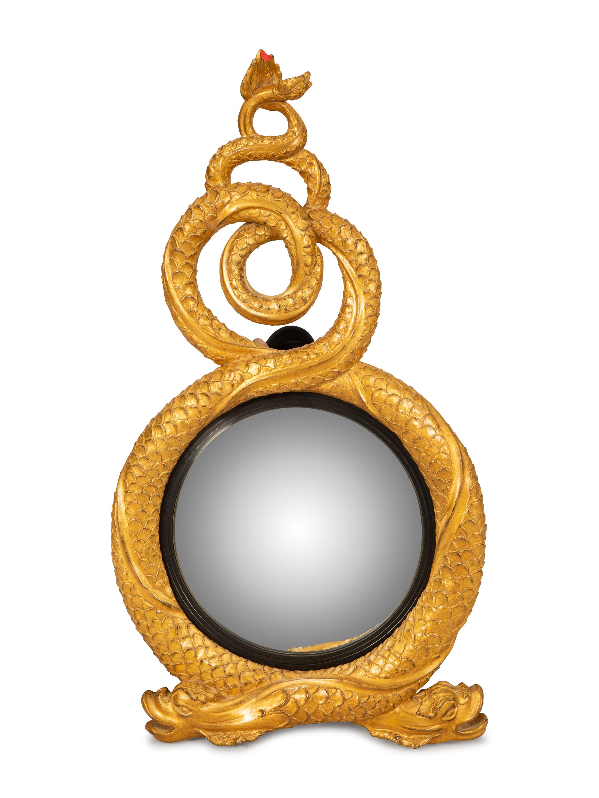 A Regency Style Carved Giltwood Entwined Dolphin Framed Convex Mirror — 20TH CENTURY
