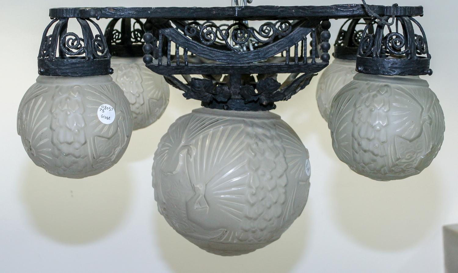 An Art Deco Iron and Glass Ceiling Fixture, Muller Freres Width 30 inches.