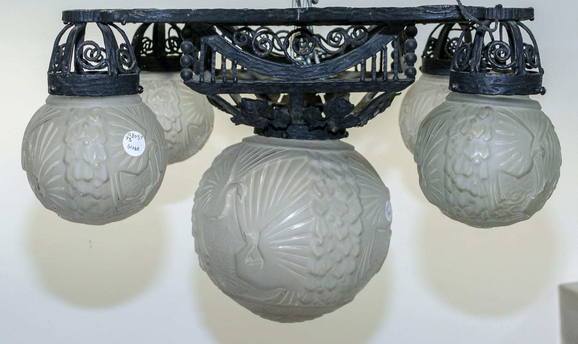 An Art Deco Iron and Glass Ceiling Fixture, Muller Freres Width 30 inches.