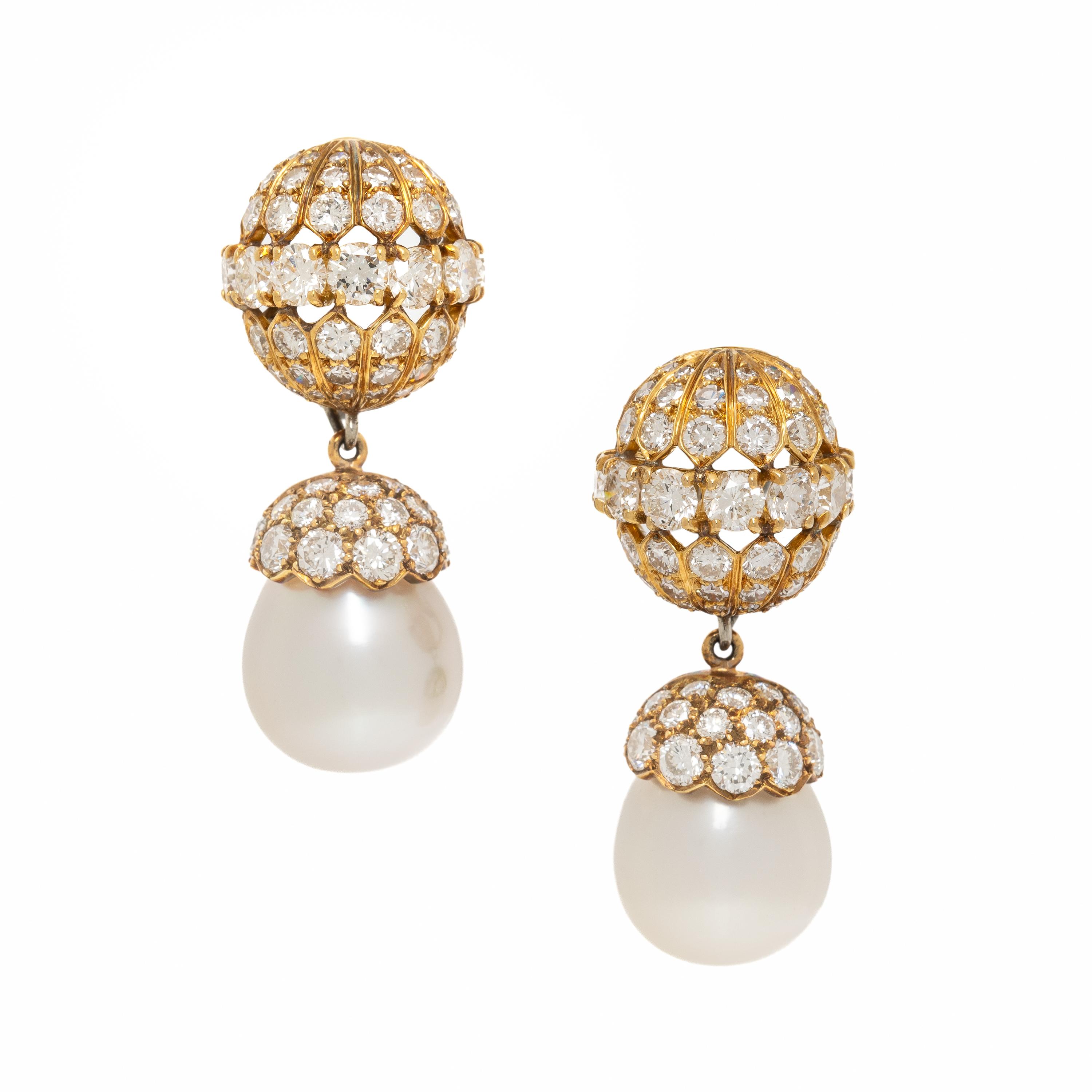 Cultured Pearl, Diamond, and Yellow Gold Earrings