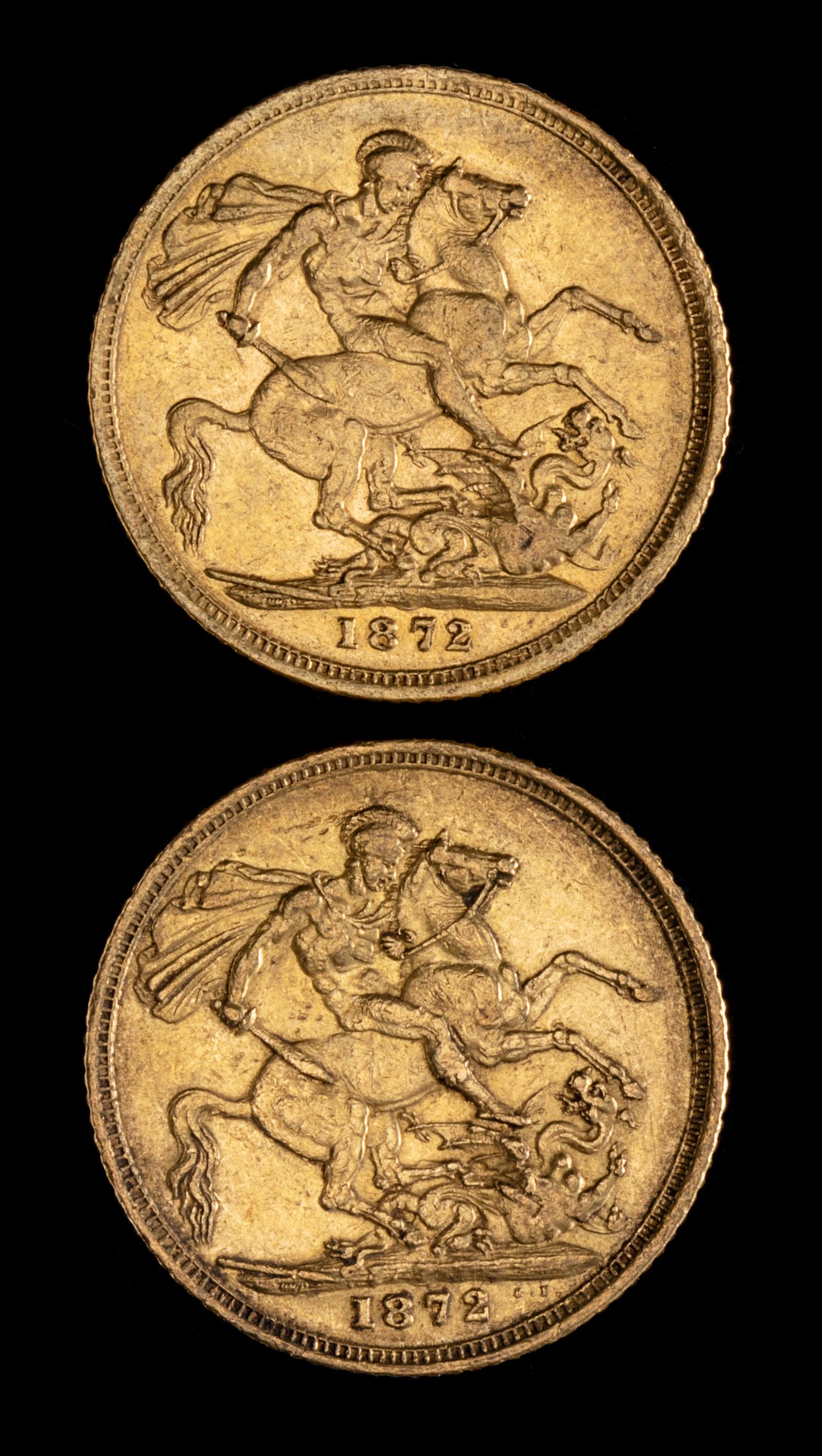 Two United Kingdom 1872-M Sovereign: Young Victoria-Melbourne Mint Gold Coin