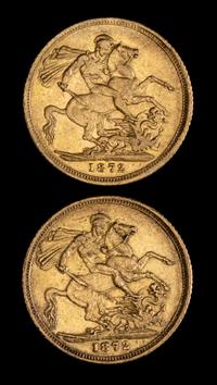 Two United Kingdom 1872-M Sovereign: Young Victoria-Melbourne Mint Gold Coin