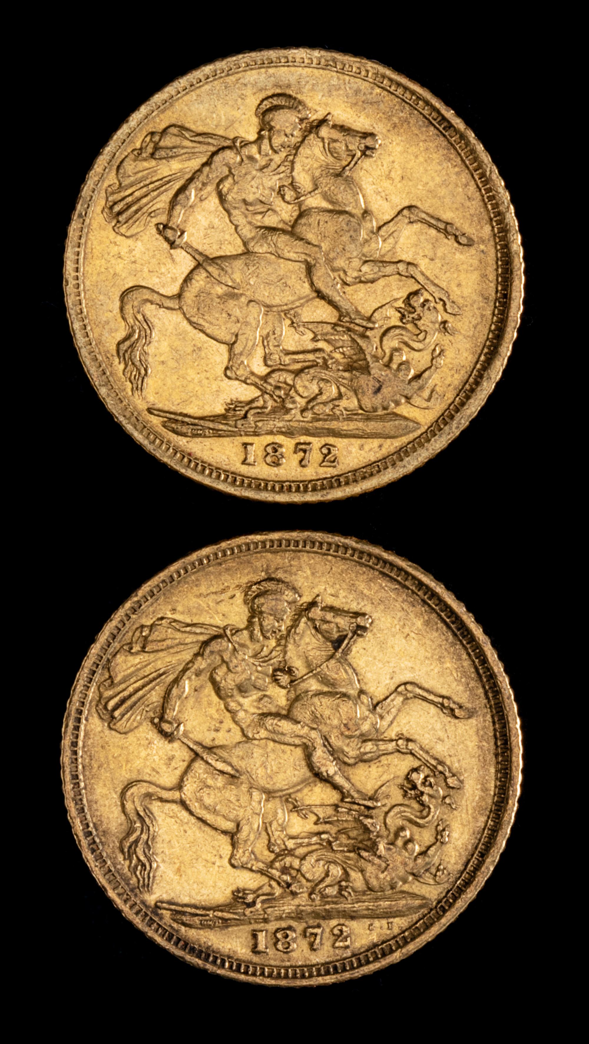 Two United Kingdom 1872-M Sovereign: Young Victoria-Melbourne Mint Gold Coin