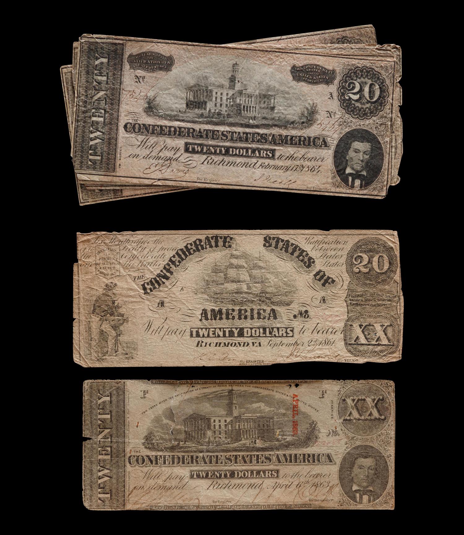 [CONFEDERATE STATES OF AMERICA] A Group of Six $20 Notes