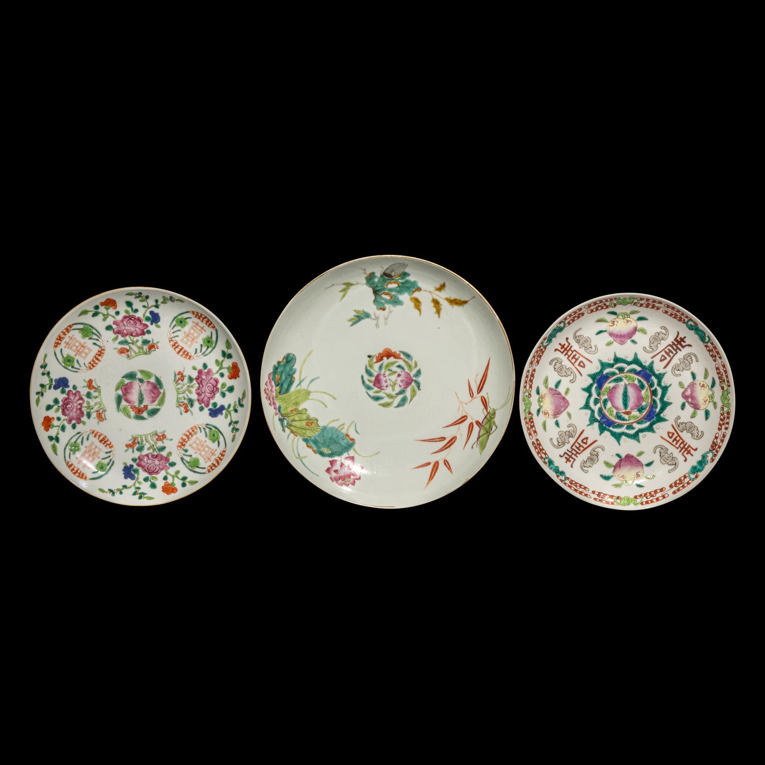 Three Chinese Famille Rose Porcelain Plates