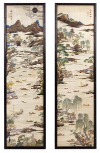 Two Embroidered Silk Panels 55 3/4 x 14 1/2 inches (visible). — LATE 19TH/EARLY 20TH CENTURY