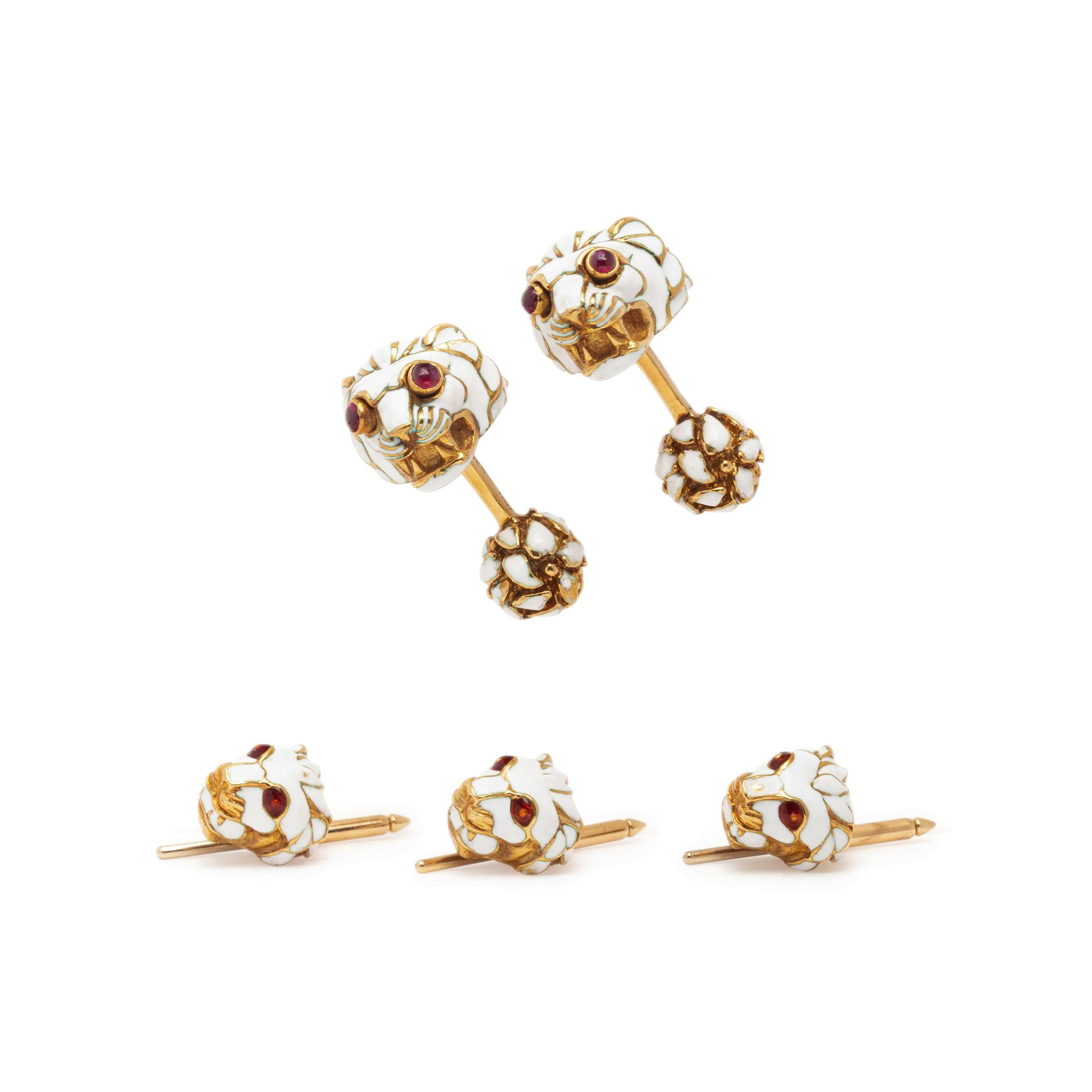 DAVID WEBB, YELLOW GOLD AND ENAMEL LION'S HEAD DRESS SET