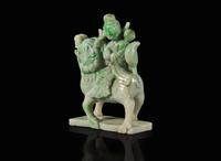 A Chinese jadeite figure of a meiren on a fabulous beast 翡翠雕仙人逸獸