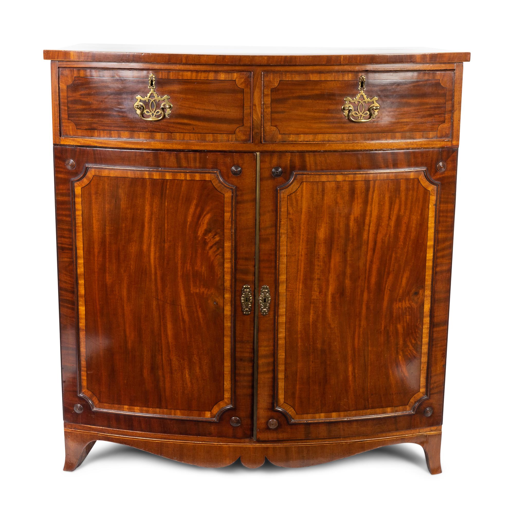 A George III Satinwood Inlaid Mahogany Bow Front Low Linen Press — 19TH CENTURY