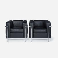 Le Corbusier, Pierre Jeanneret, and Charlotte Perriand Pair of LC2 Fauteuils Grand Confort, Petite Modèle, Cassina, Italy, designed 1928, the present lot early 21st century
