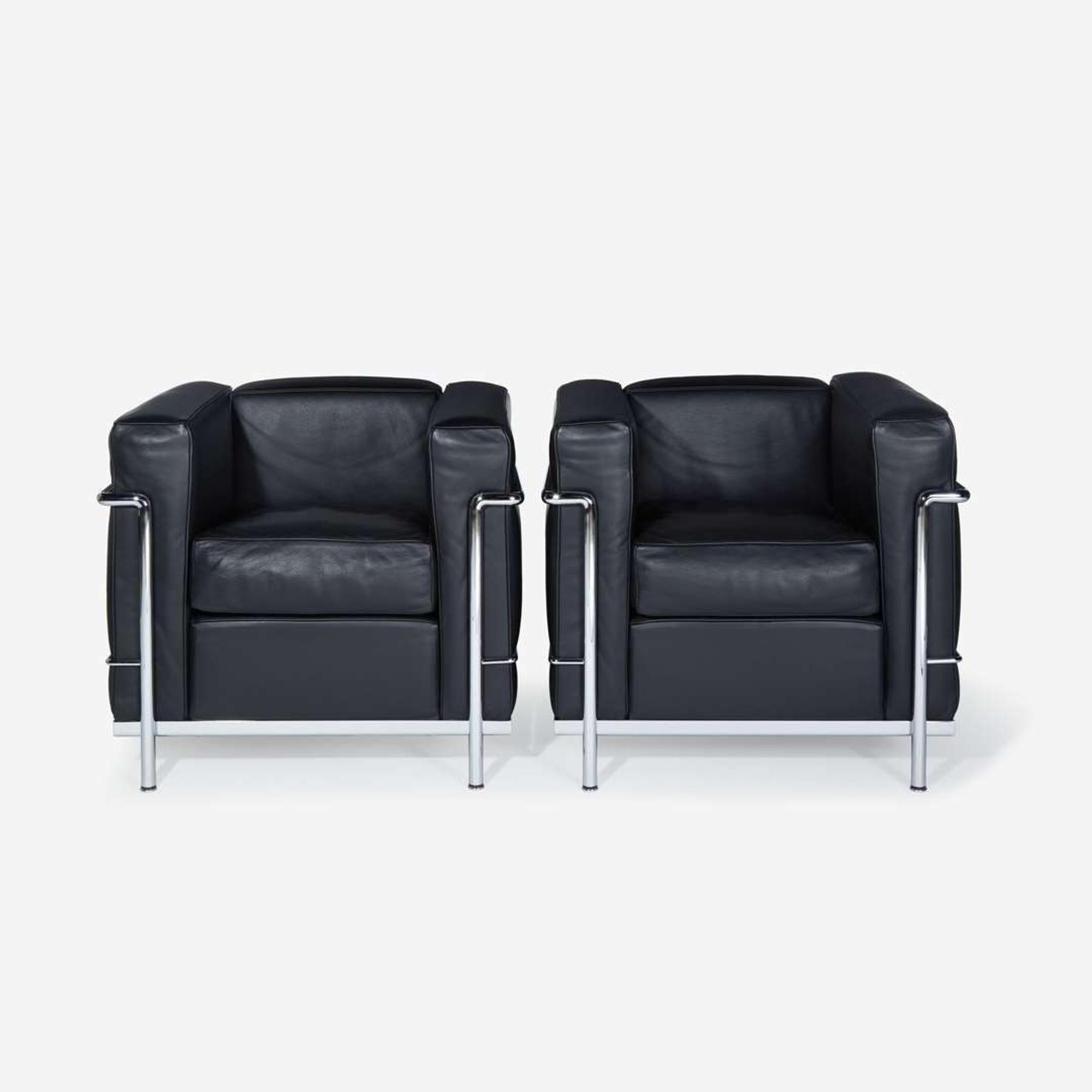 Le Corbusier, Pierre Jeanneret, and Charlotte Perriand Pair of LC2 Fauteuils Grand Confort, Petite Modèle, Cassina, Italy, designed 1928, the present lot early 21st century