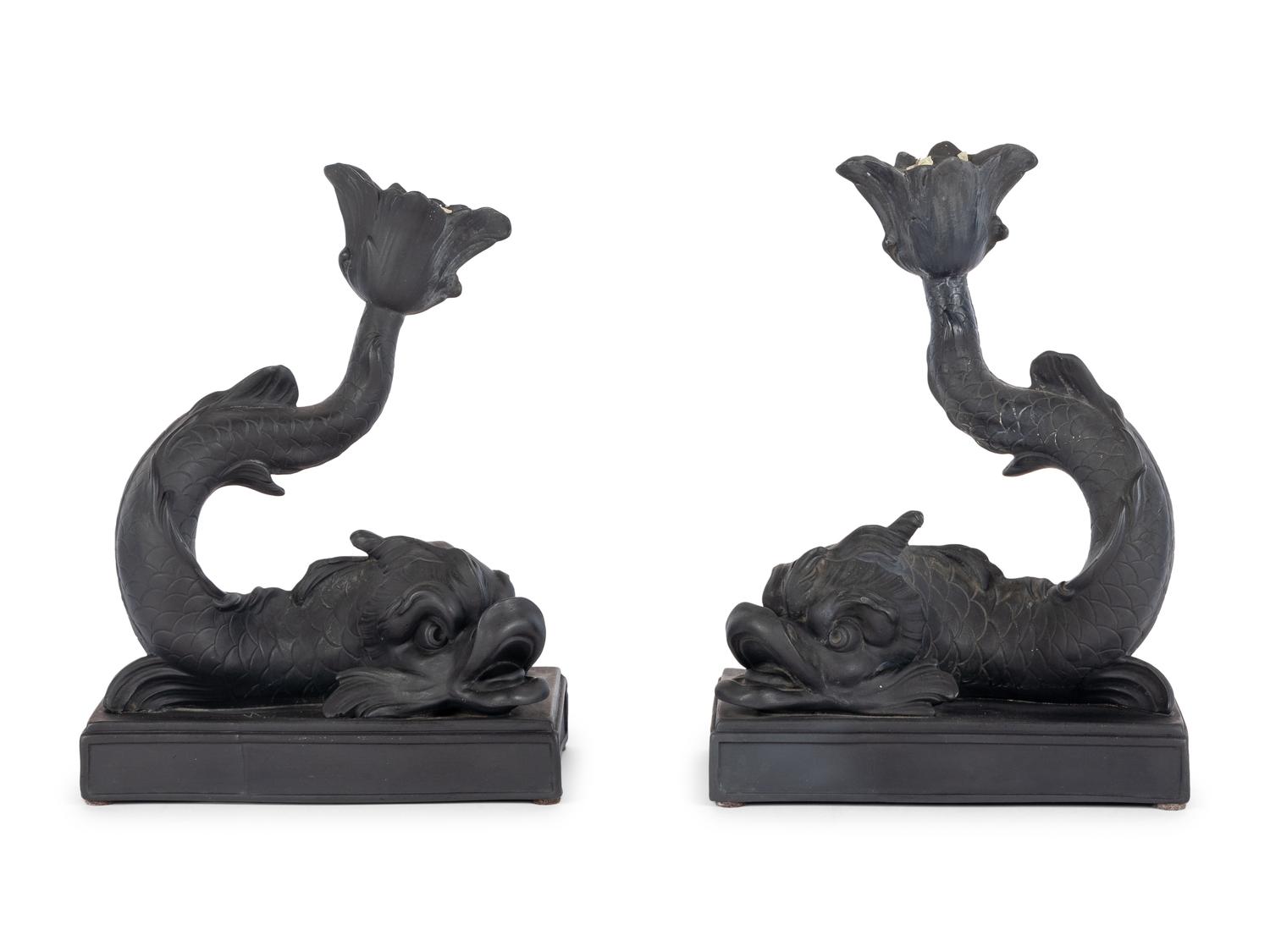 A Pair of Wedgwood Basalt Dolphin Candlesticks