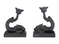A Pair of Wedgwood Basalt Dolphin Candlesticks