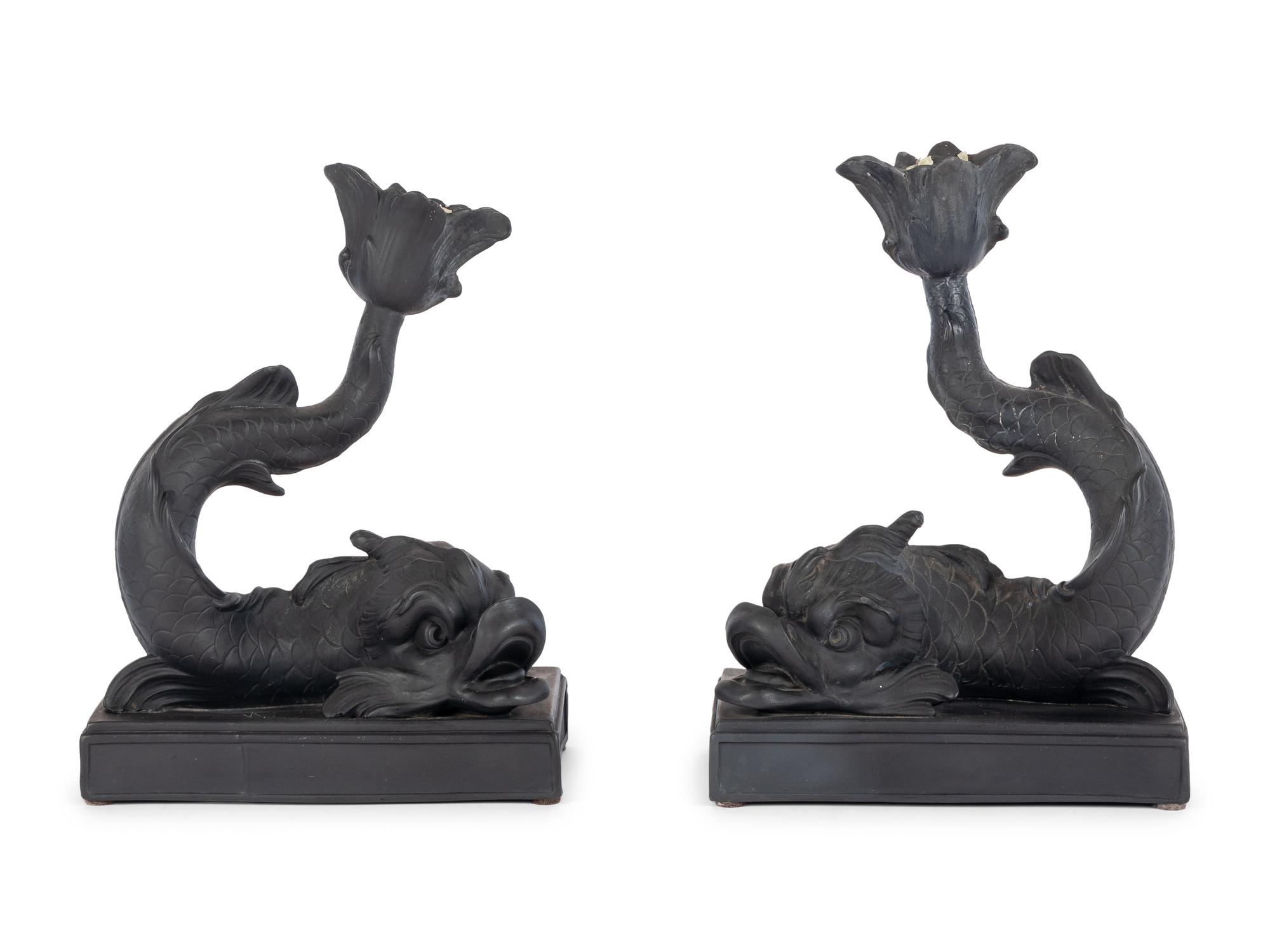 A Pair of Wedgwood Basalt Dolphin Candlesticks