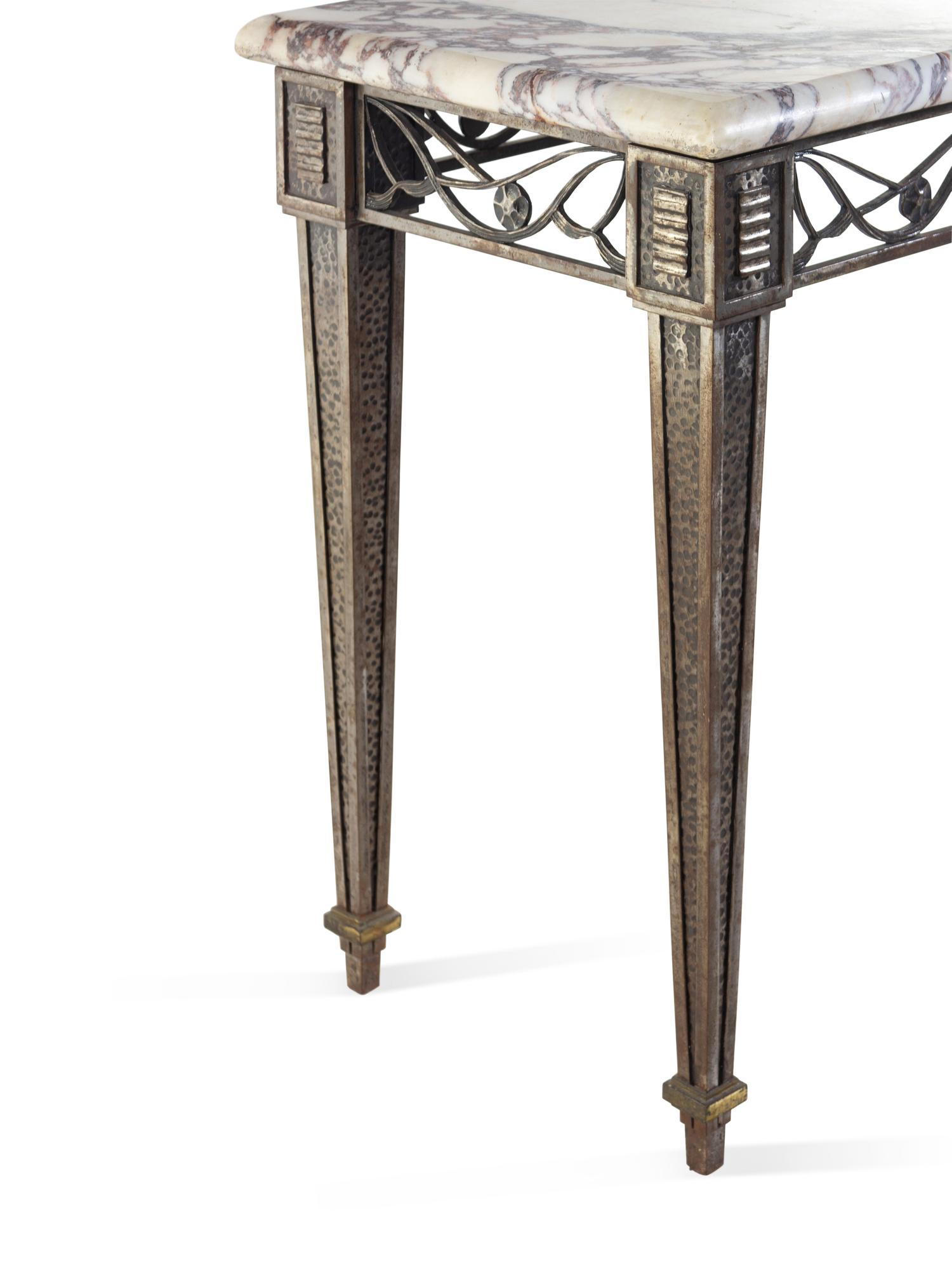 An Art Deco Patinated Metal Marble-Top Side Table