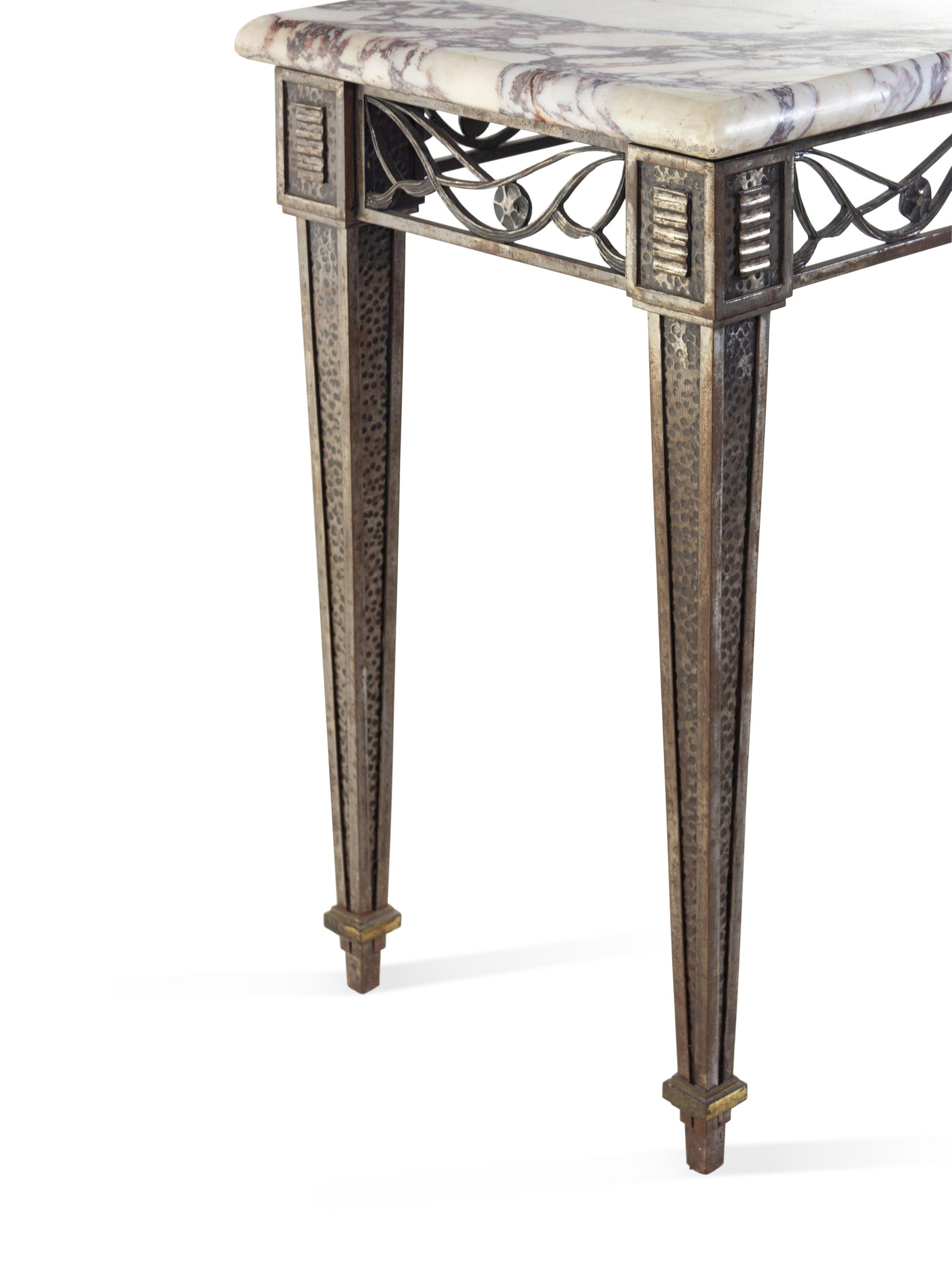 An Art Deco Patinated Metal Marble-Top Side Table