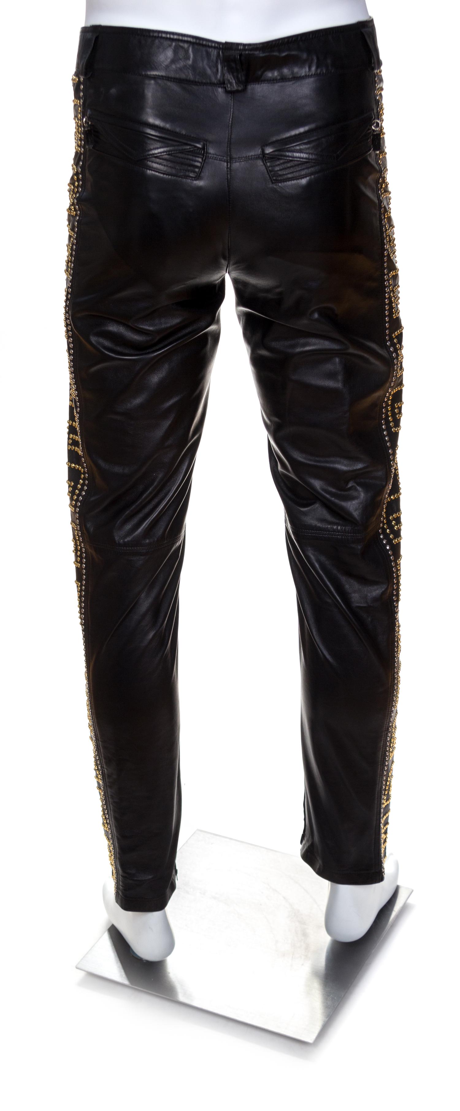 A Gianni Versace Black Leather Men's Pant, No size.