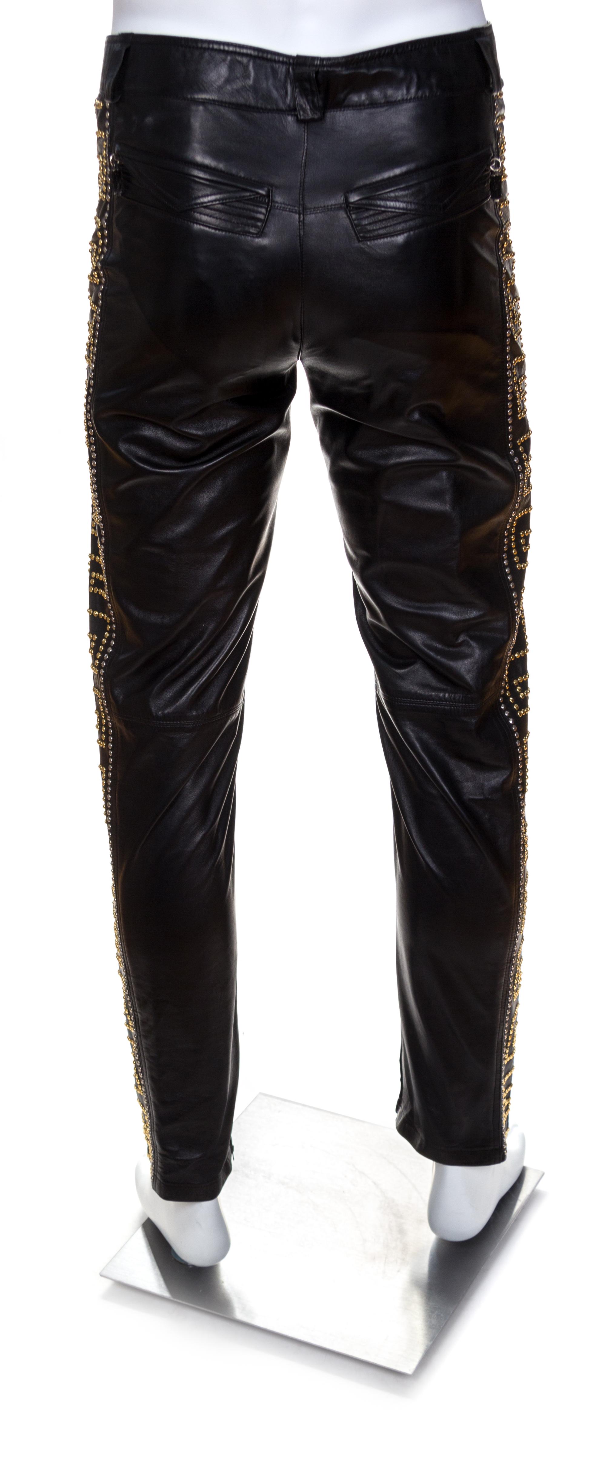 A Gianni Versace Black Leather Men's Pant, No size.