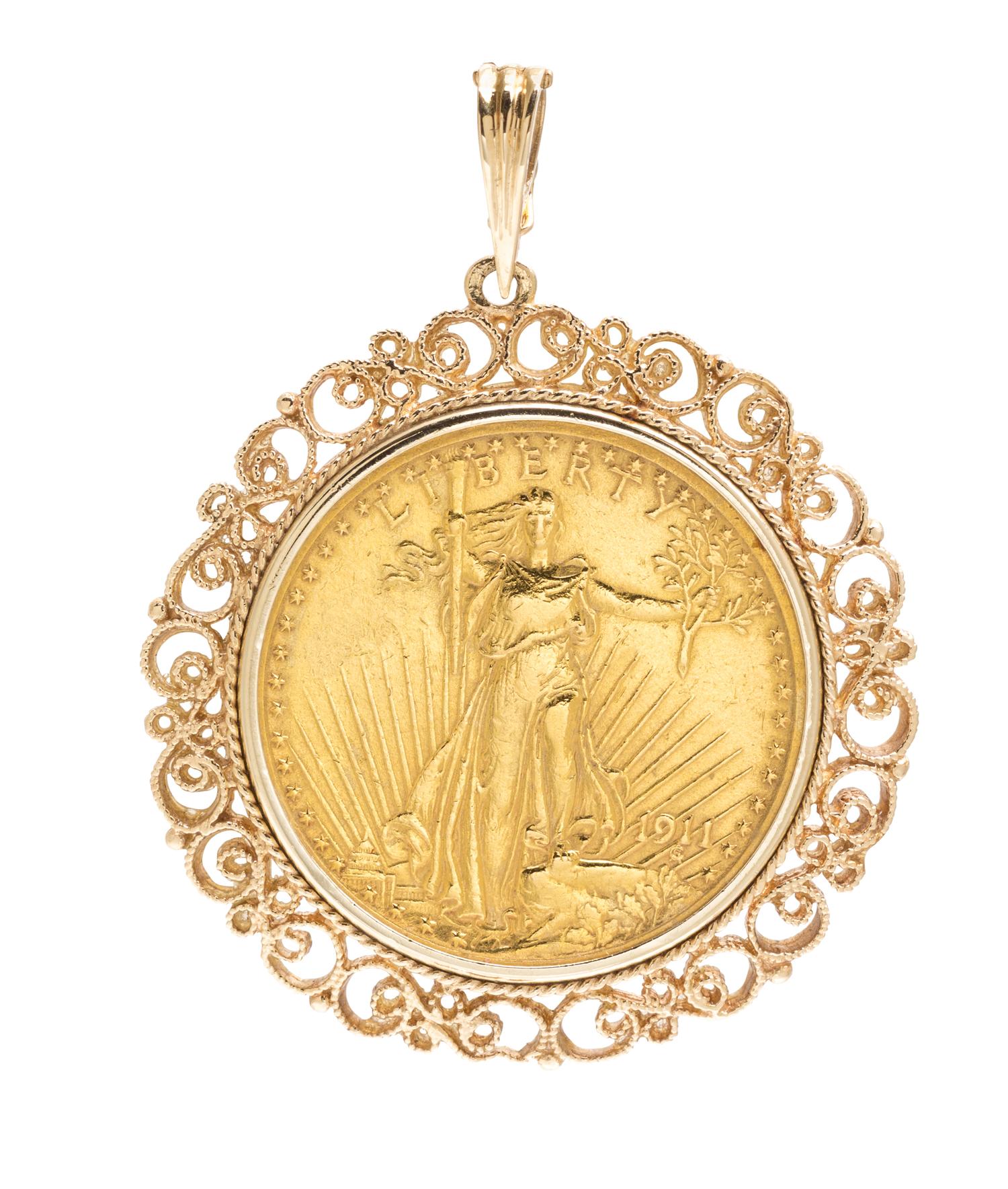 A 14 Karat Yellow Gold and US $20 St. Gaudens Gold Coin Pendant, 28.60 dwts.