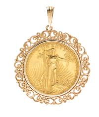A 14 Karat Yellow Gold and US $20 St. Gaudens Gold Coin Pendant, 28.60 dwts.