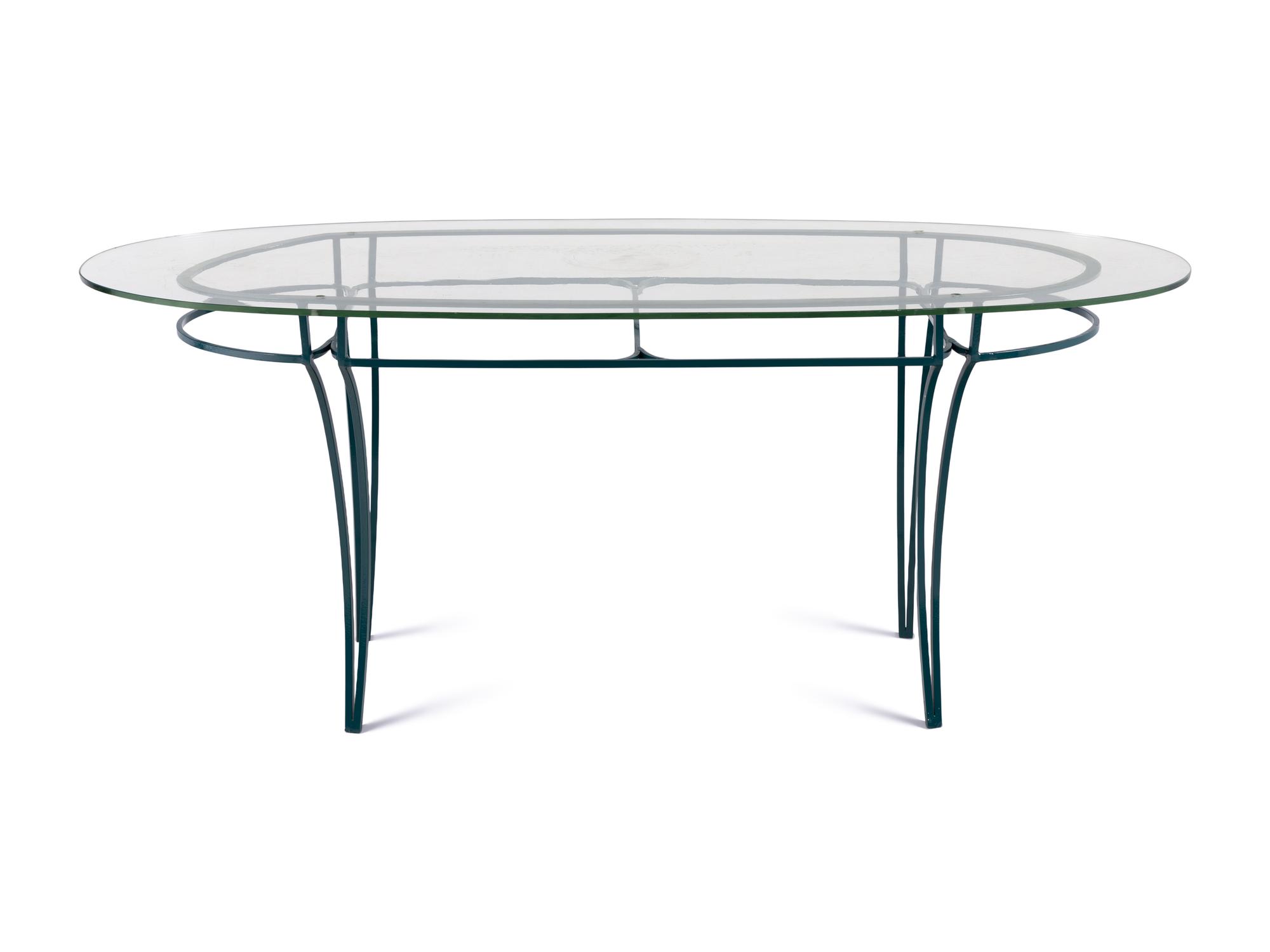 A Painted Iron Glass-Top Table and Chairs in the Style of Rene Prou