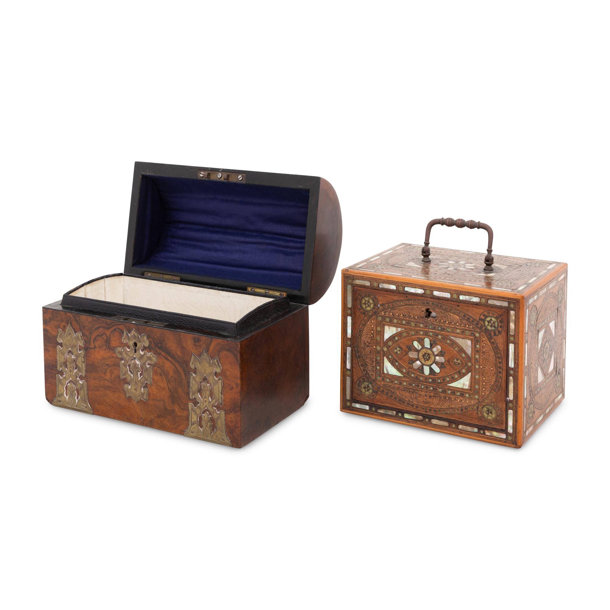 A Mother-Of-Pearl Inlaid Jewelry Case and An English Dome-Top Yew Wood Box