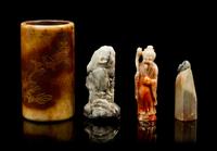 Four Chinese Carved Soapstone Decorative Articles Height of largest 5 1/2 x diameter 3 inches.