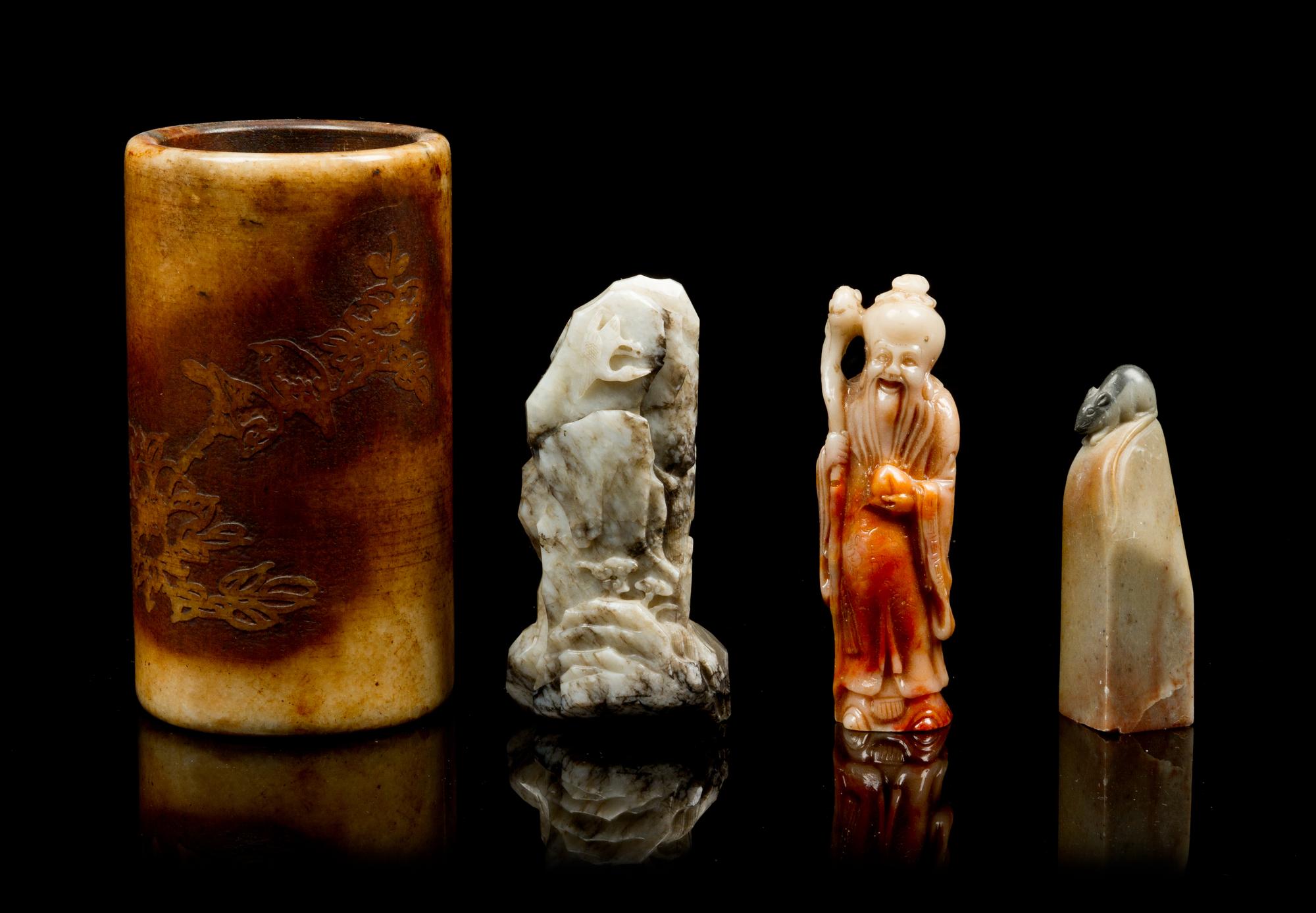 Four Chinese Carved Soapstone Decorative Articles Height of largest 5 1/2 x diameter 3 inches.