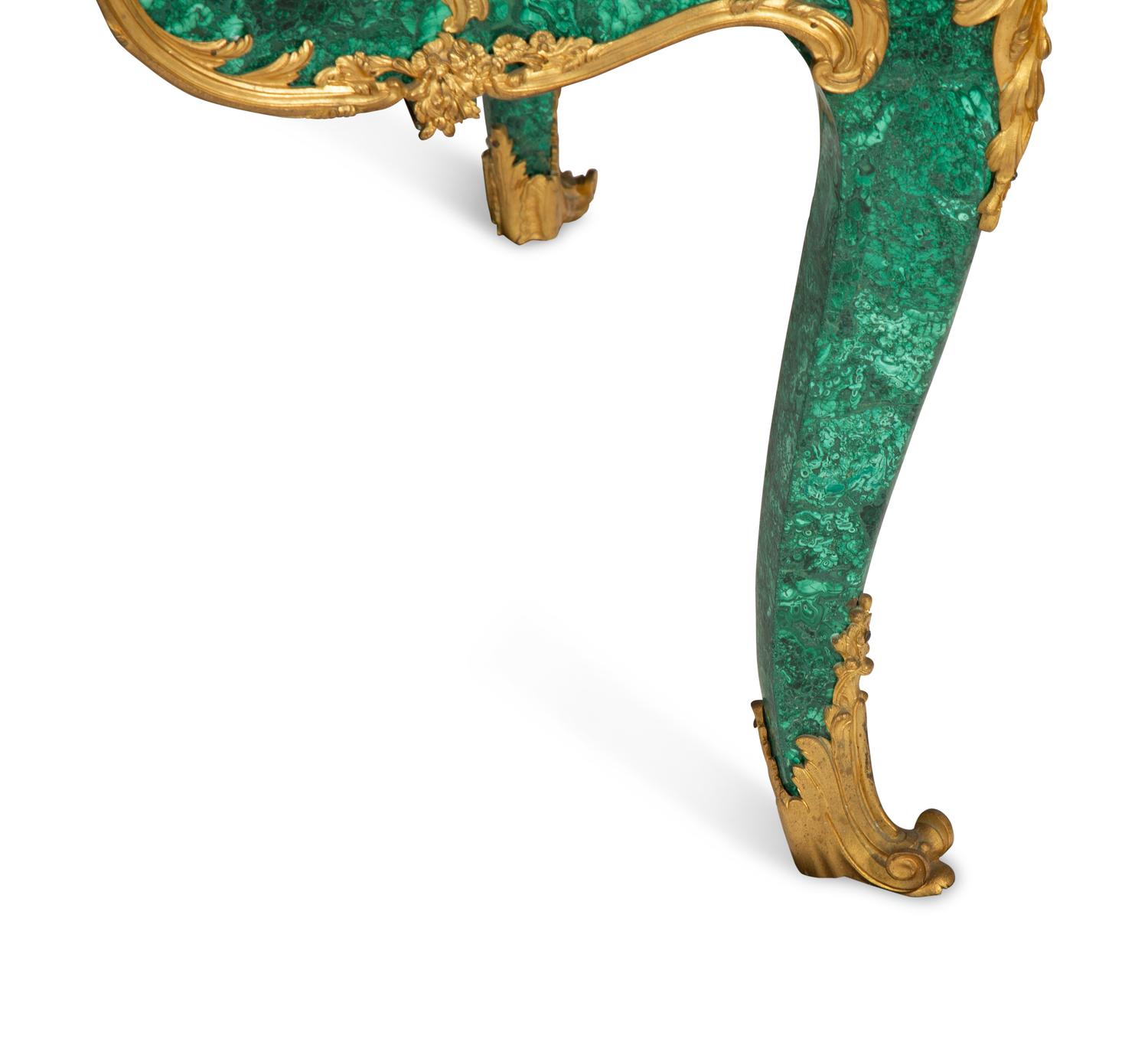 A Louis XV Style Gilt Bronze Mounted Malachite Bureau Plat
