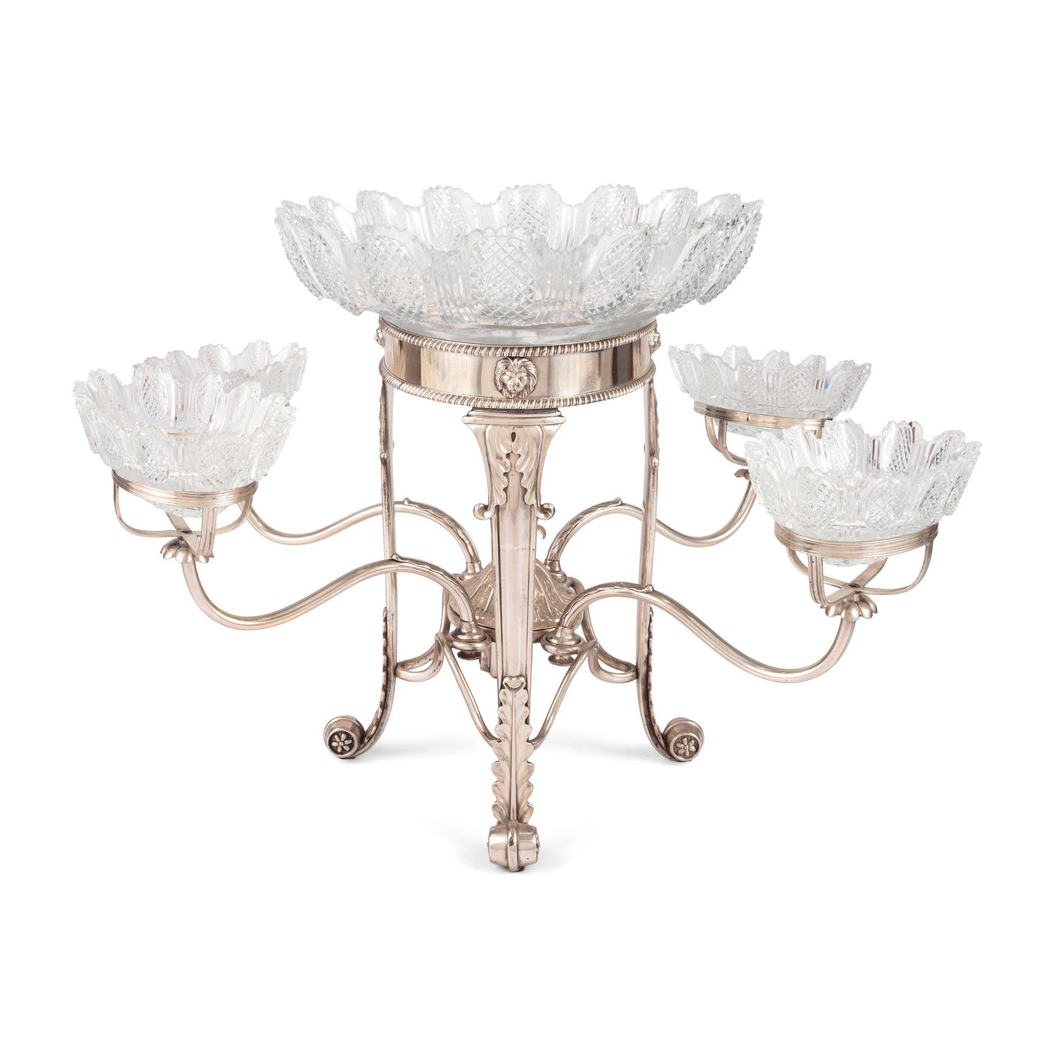 A Sheffield Plate Epergne with Cut Glass Bowls