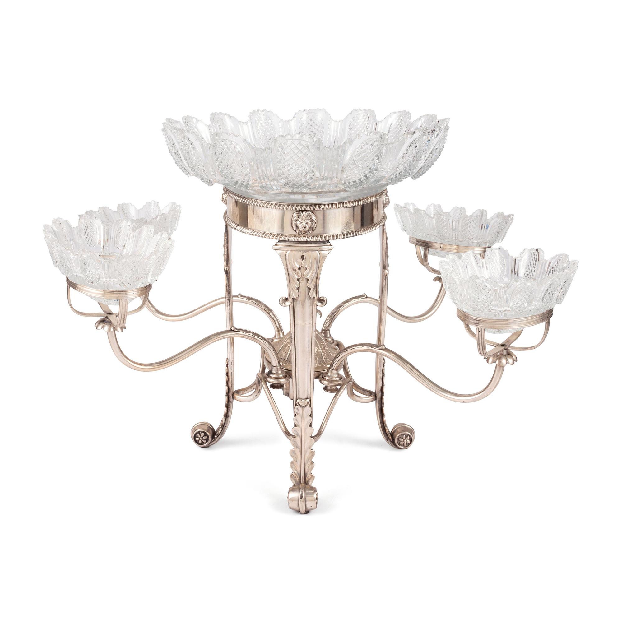 A Sheffield Plate Epergne with Cut Glass Bowls