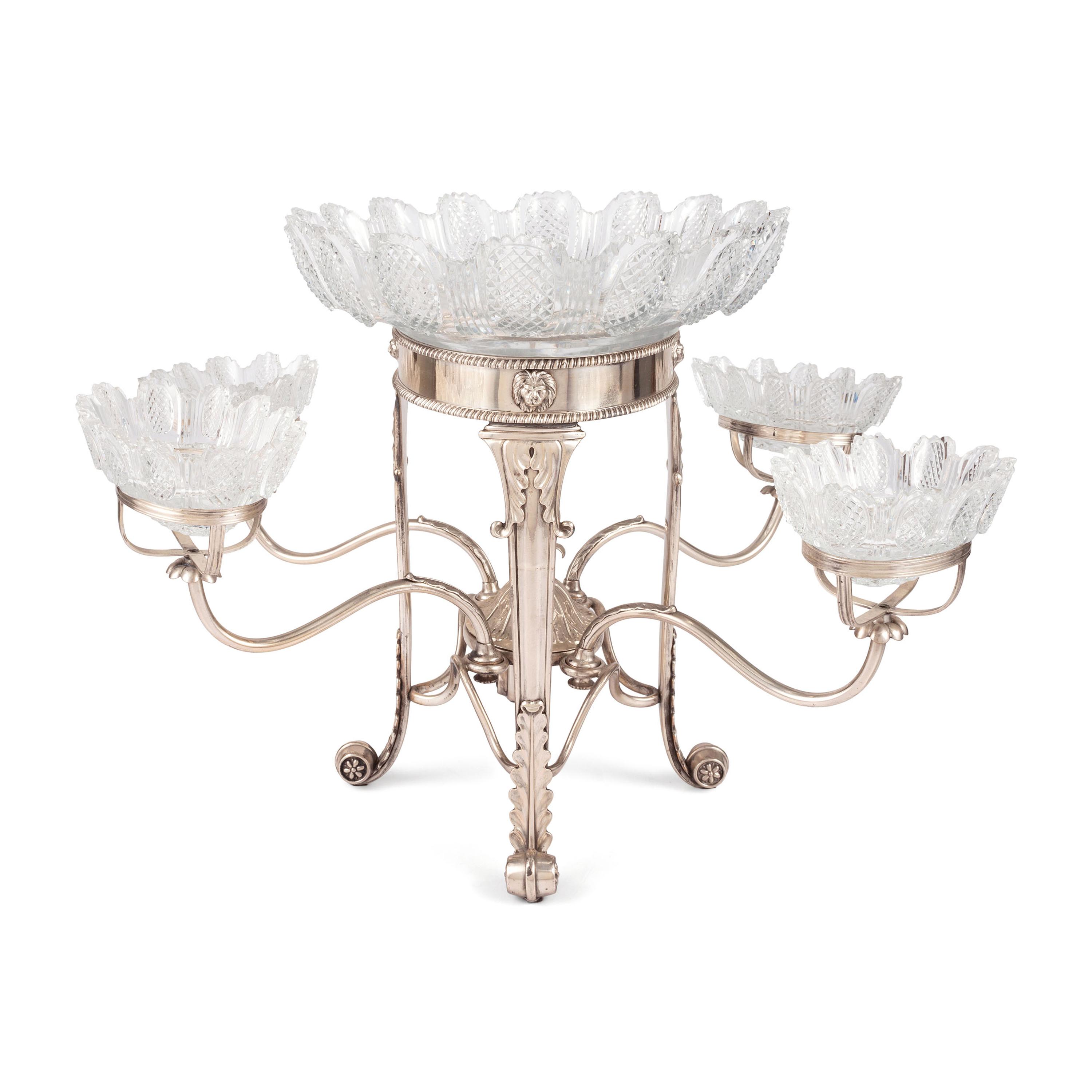 A Sheffield Plate Epergne with Cut Glass Bowls