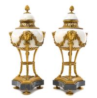 A Pair of Neoclassical Gilt Bronze and Marble Cassolettes Height 18 inches.
