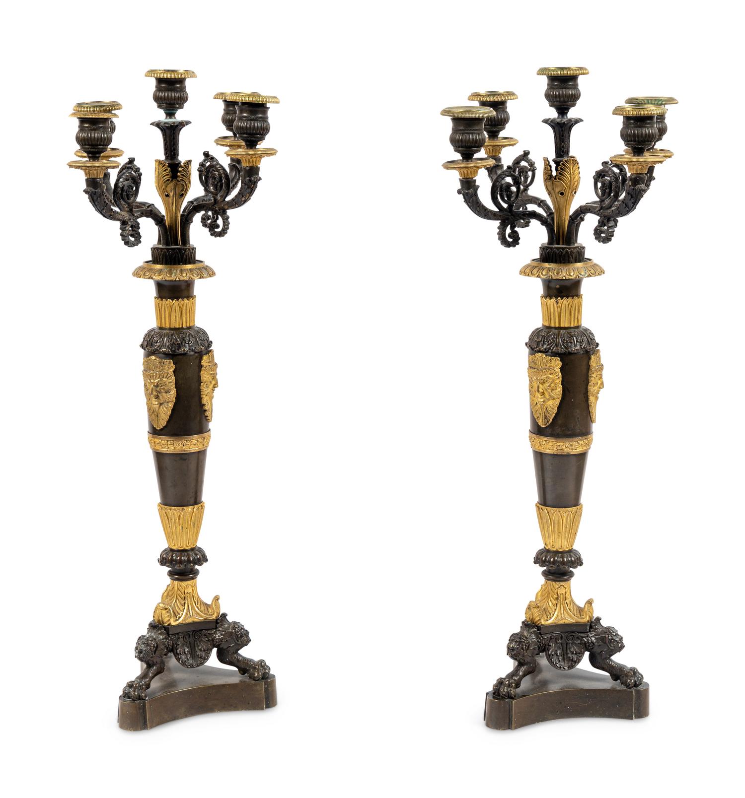 A Pair of Louis Philippe Gilt and Patinated Bronze Five-Light Candelabra