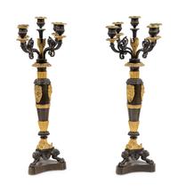 A Pair of Louis Philippe Gilt and Patinated Bronze Five-Light Candelabra