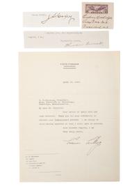 [POLITICS]. A group of 4 items autographed by Theodore Roosevelt, Calvin Coolidge, and Jacob Coxey.