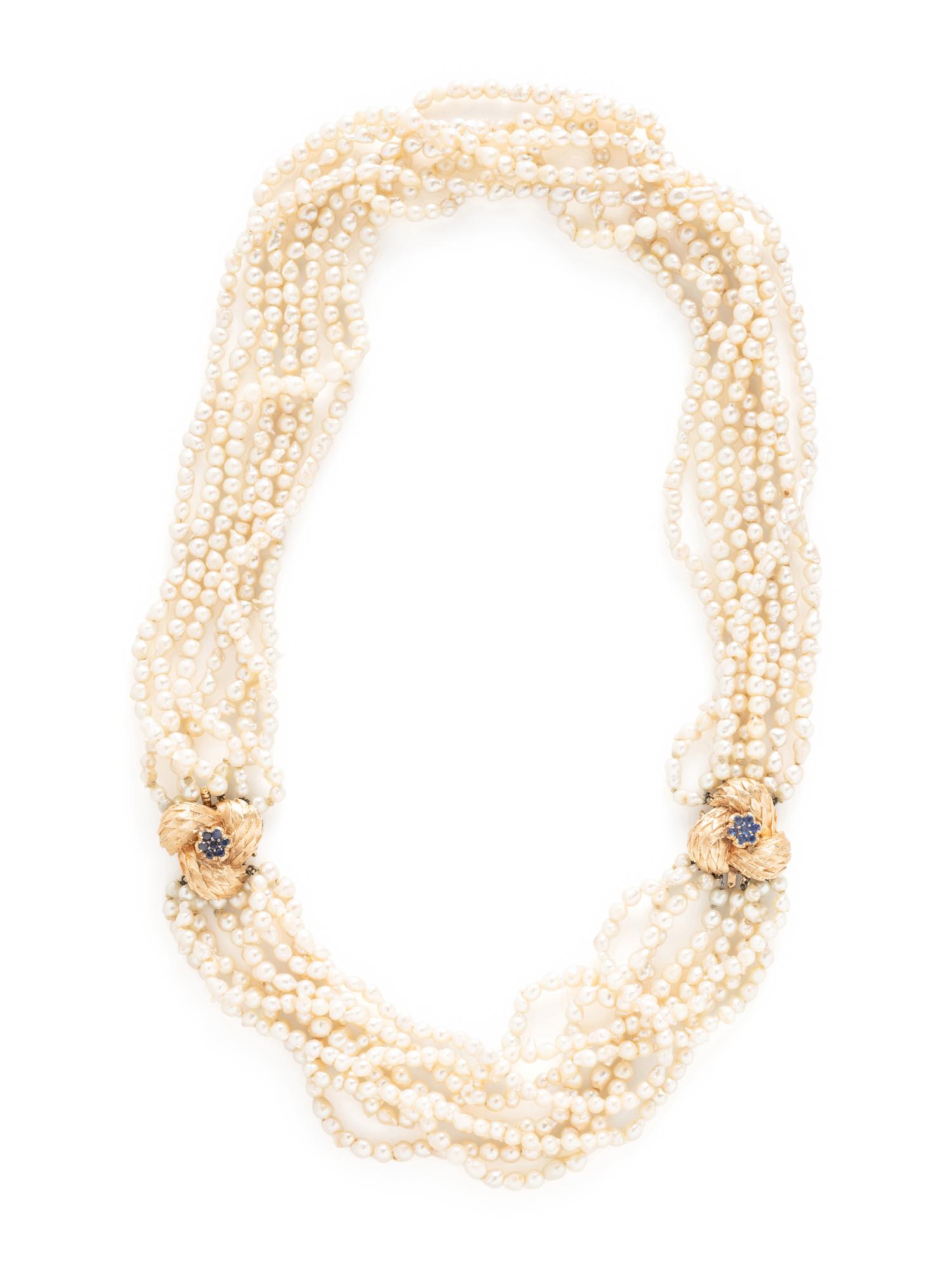 YELLOW GOLD, SAPPHIRE AND CULTURED CONVERTIBLE NECKLACE/BRACELET