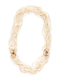 YELLOW GOLD, SAPPHIRE AND CULTURED CONVERTIBLE NECKLACE/BRACELET