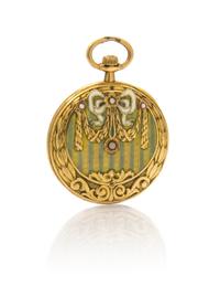 An Art Nouveau 18 Karat Yellow Gold and Polychrome Enamel Open Face Pendant Watch, 14.00 dwts.