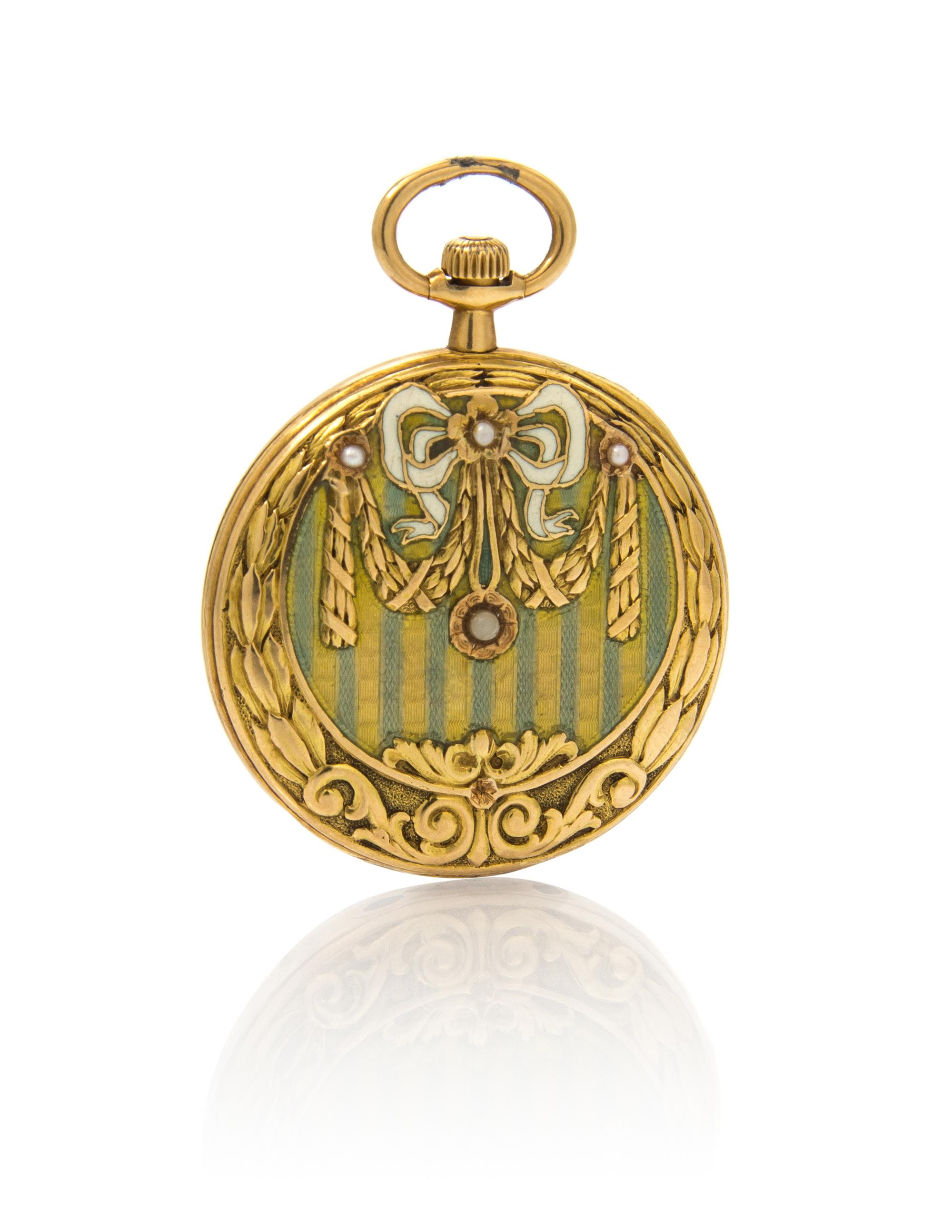 An Art Nouveau 18 Karat Yellow Gold and Polychrome Enamel Open Face Pendant Watch, 14.00 dwts.
