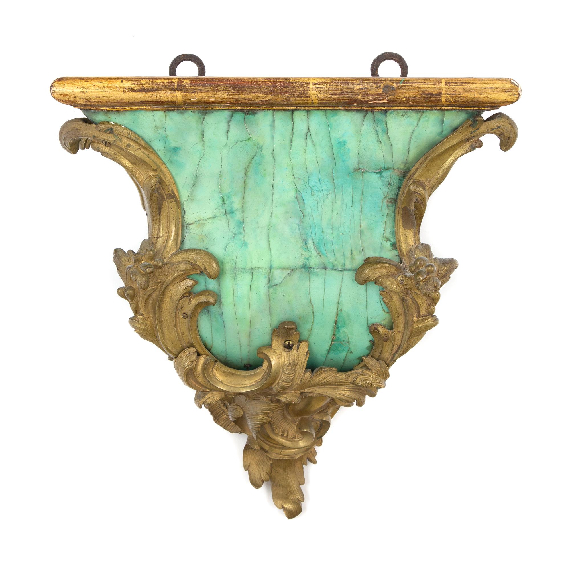 A Louis XV Style Gilt Bronze Mounted and Green Lacquered Bracket Height 13 x width 12 x depth 3 1/2 inches. — CIRCA 1900