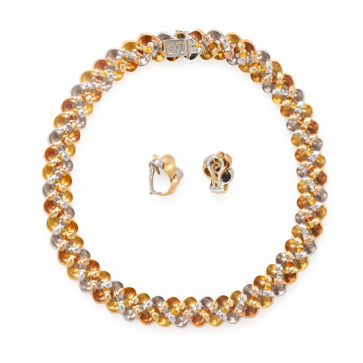 CRAIG DRAKE, TRICOLOR GOLD 'PEANUT' EARRINGS AND NECKLACE