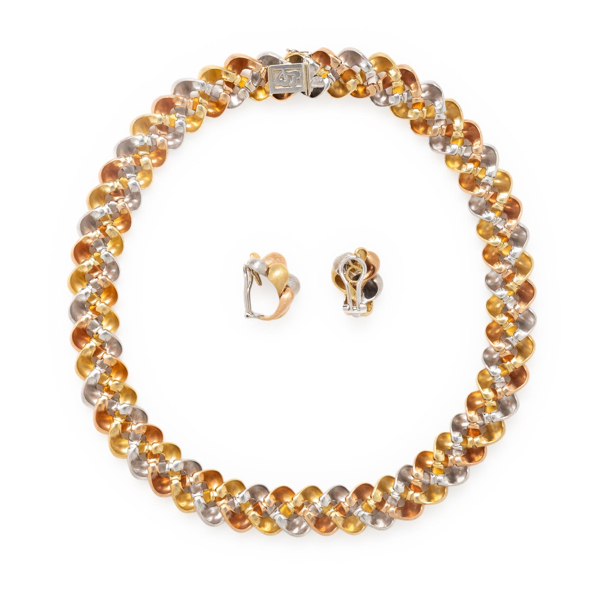 CRAIG DRAKE, TRICOLOR GOLD 'PEANUT' EARRINGS AND NECKLACE