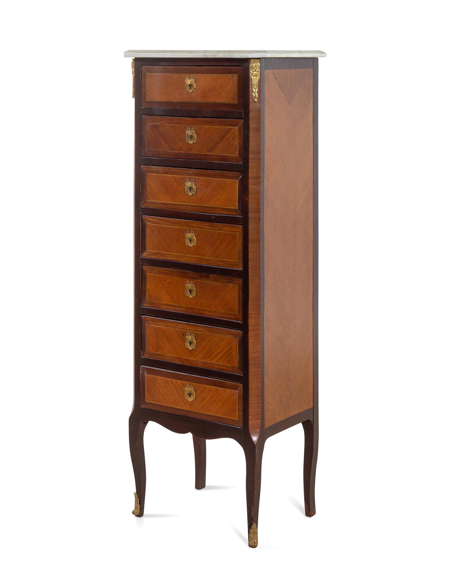 A Louis XV/XVI Transitional Style Gilt Bronze Mounted Tulipwood and Mahogany Marble-Top Semainier