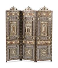 A Moorish Style Mother-of-Pearl and Bone Inlaid Three-Panel Screen