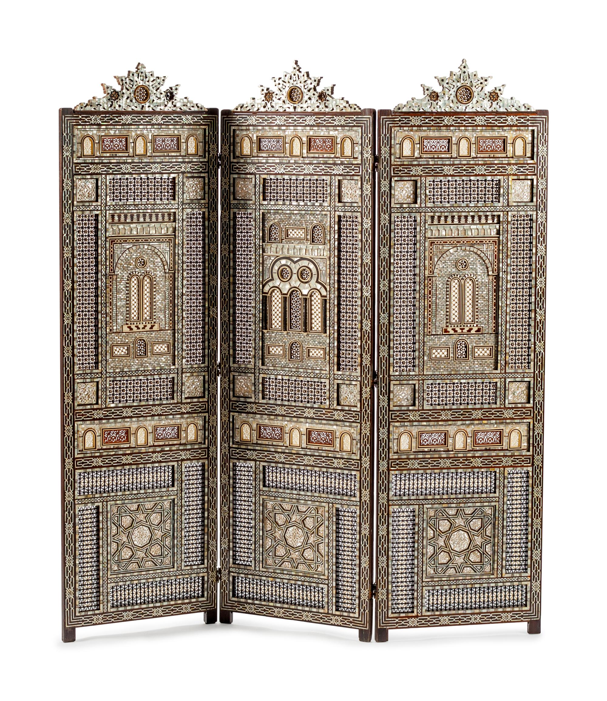 A Moorish Style Mother-of-Pearl and Bone Inlaid Three-Panel Screen