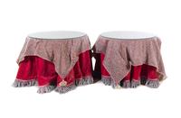 A Pair of Glass-Topped Skirted Side Tables with Fortuny Covers