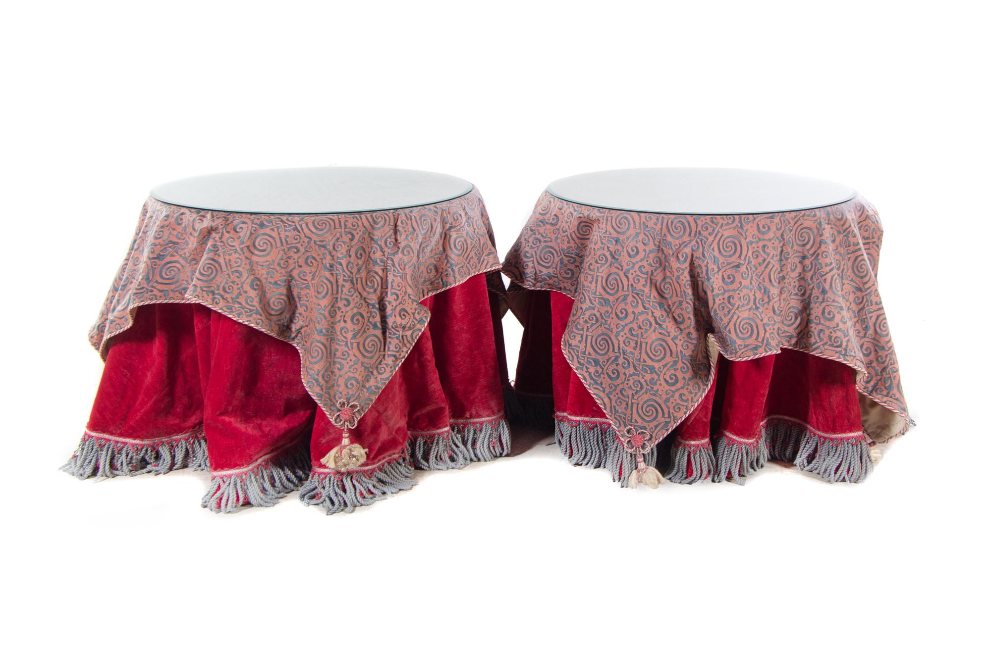 A Pair of Glass-Topped Skirted Side Tables with Fortuny Covers