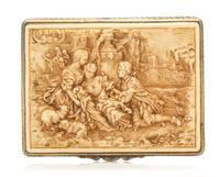 A Continental Silver Card Case, Likely German, the underside worked to show foliate volute decoration, the composite lid depicting a co