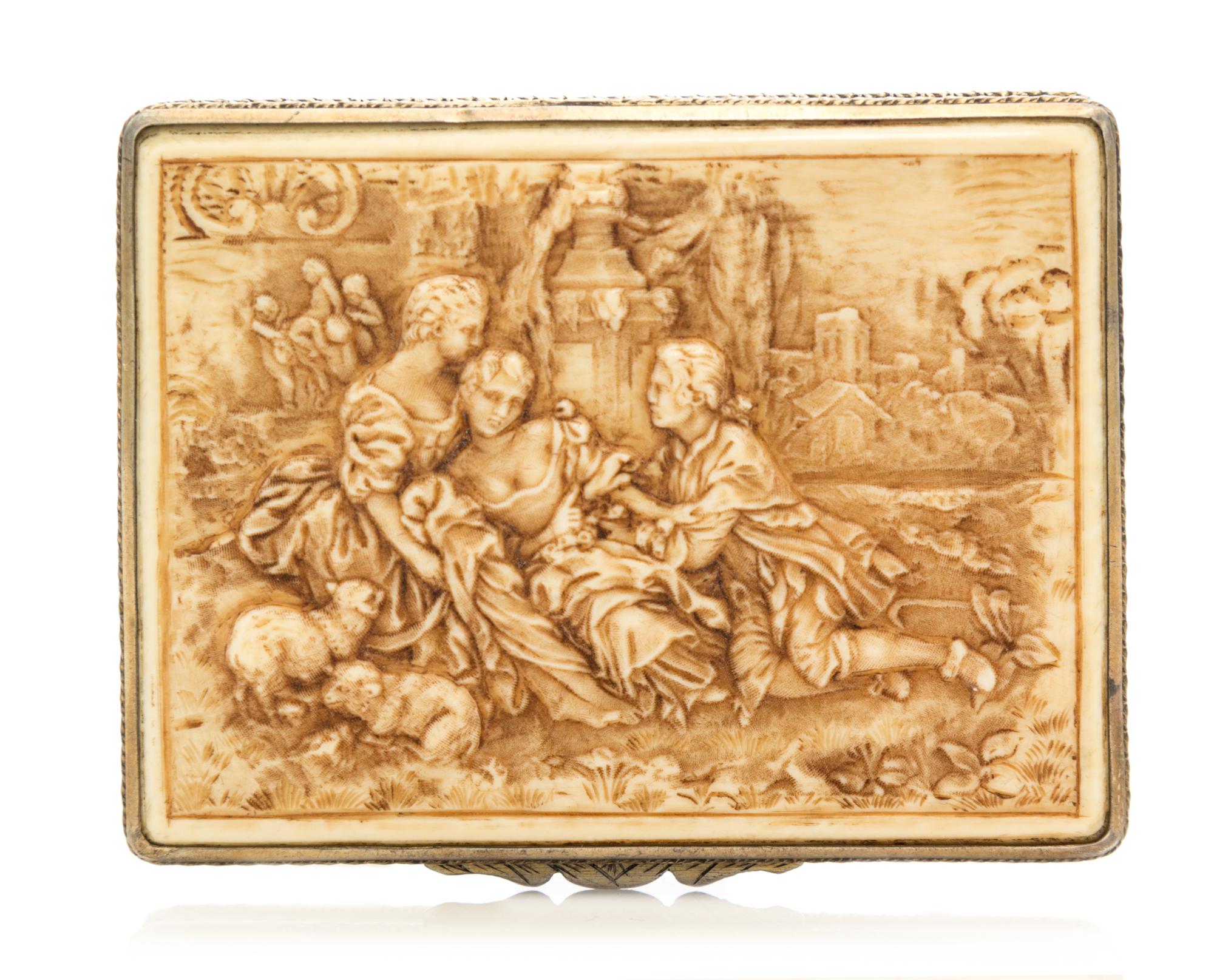 A Continental Silver Card Case, Likely German, the underside worked to show foliate volute decoration, the composite lid depicting a co